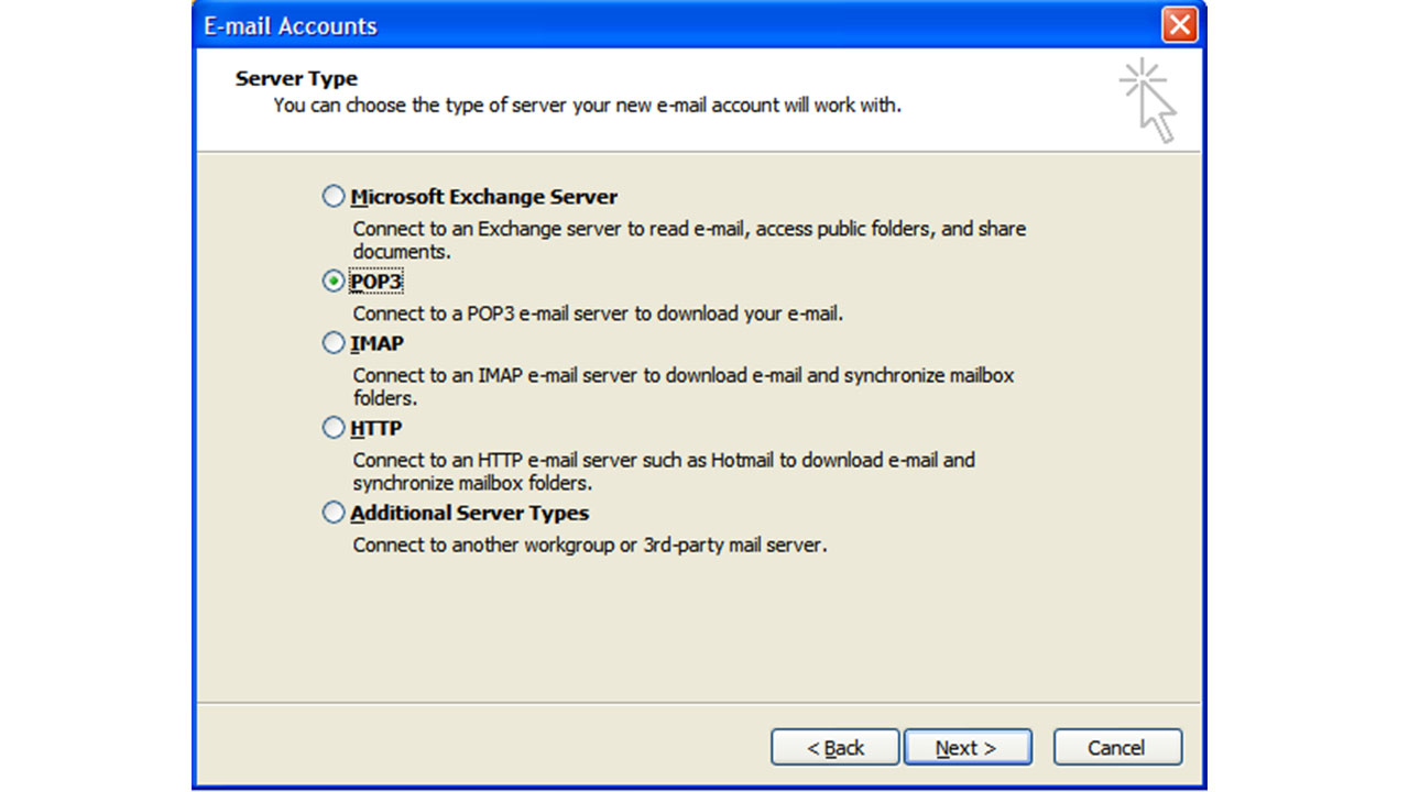 برای نوع سرور خود ، POP3 یا IMAP را انتخاب کنید و سپس روی Next کلیک کنید.