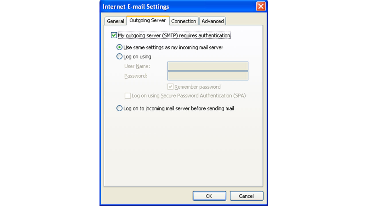 در پنجره Internet E-mail Settings (تنظیمات پست الکترونیکی اینترنت) ، به تب External Server بروید. انتخاب سرور خروجی من (SMTP) نیاز به احراز هویت دارد . اگر بخش رله SMTP را تغییر ندادید ، استفاده از تنظیمات مشابه سرور نامه ورودی من را انتخاب کنید . اگر نام کاربر و گذرواژه خود را در بخش رله SMTP در صفحه مدیریت حسابهای ایمیل خود تغییر دادید ، ورود به سیستم را انتخاب کنید و نام کاربری و رمز ورود را وارد کنید. مثال زیر فرض می کند که شما در بخش مدیریت ایمیل های ایمیل خود ، بخش رله SMTP خود را تغییر نداده اید.
